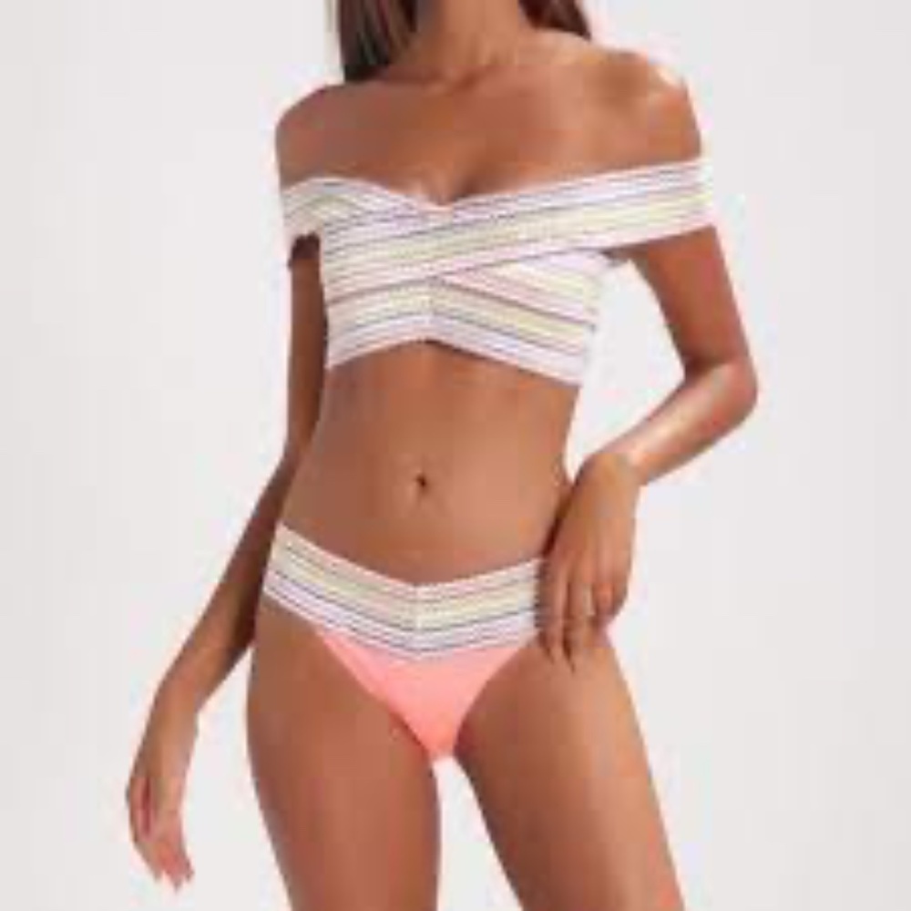 River Island Multi Coral Stripe Bandage Bardot Bikini Top & Bottoms